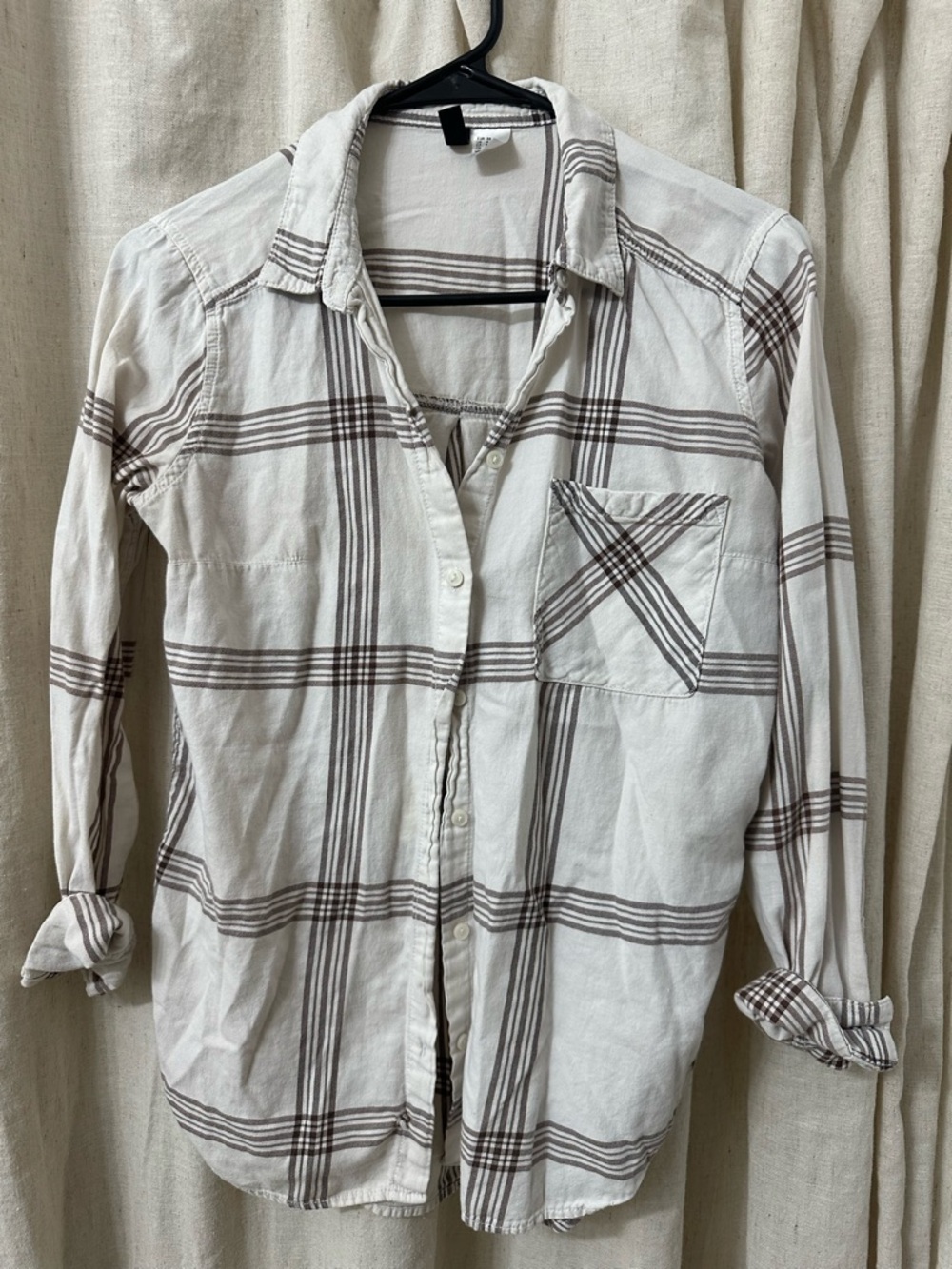 Divided White and Brown Plaid Button-Down Shirt
